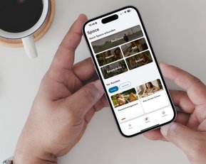 Ein Smartphone in der Hand zeigt eine App mit Kategorien wie Gesundheit, Selbst und Kurse. Im Hintergrund steht eine Tasse Kaffee.