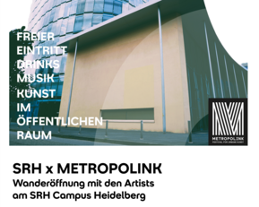 SRH Campus Heidelberg, moderne Architektur, Ankündigung einer Veranstaltung mit Kunst, Musik und freiem Eintritt am 21. Juli 2026.